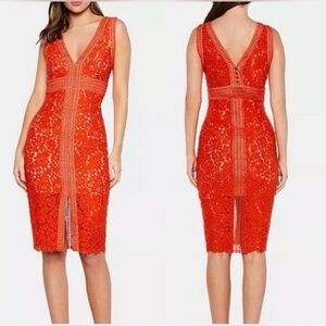 Bardot Morgan midi lace dress in orange with a V-neck and front slit detail
